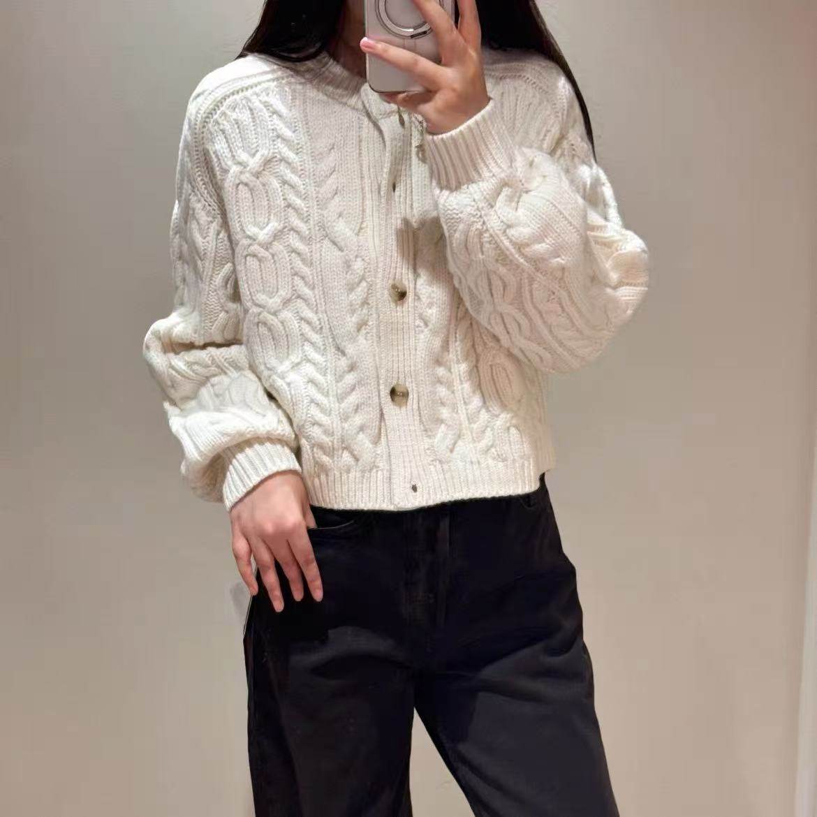 秋冬全羊毛麻花圆领短款女开衫