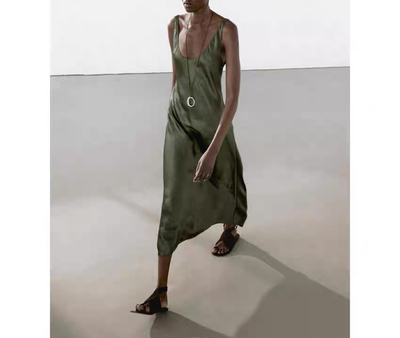 原 M家女装深绿色老钱风露背吊带连衣裙夏季新品