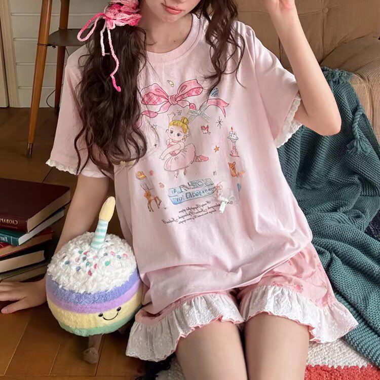 蝴蝶结碎花女士短袖短裤睡衣套装蕾丝花边纯棉薄款甜美少女家居服