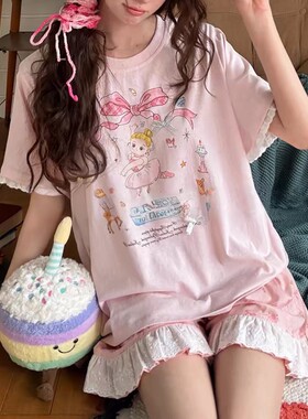 蝴蝶结碎花女士短袖短裤睡衣套装蕾丝花边纯棉薄款甜美少女家居服