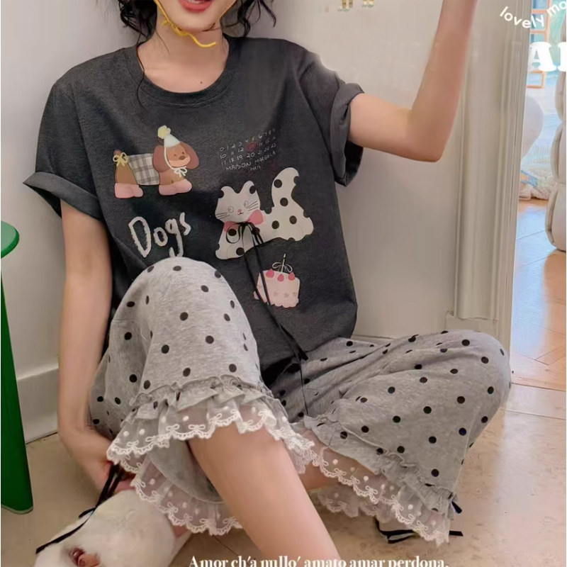 卡通狗狗波点卡通纯棉蕾丝花边女短袖九分长裤睡衣薄款套装家居服