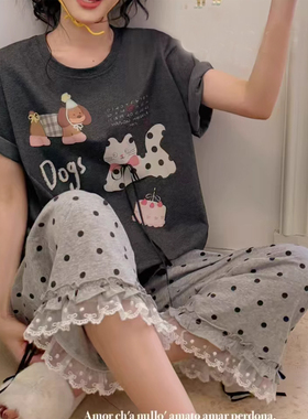 卡通狗狗波点卡通纯棉蕾丝花边女短袖九分长裤睡衣薄款套装家居服