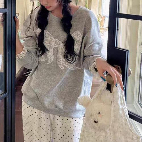 蕾丝蝴蝶结波点女甜美睡衣纯棉