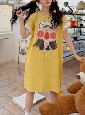 卡通女孩花边宽松睡裙韩版甜美纯棉薄款短袖夏季女INS网红家居服