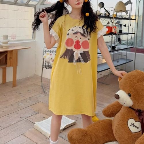 卡通女孩花边宽松睡裙韩版甜美