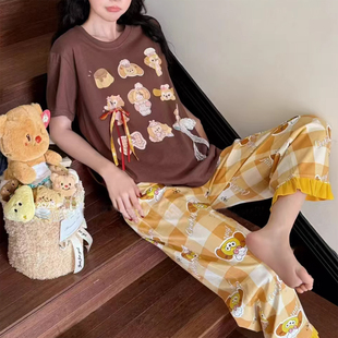 睡衣女家居服可外穿 卡通小狗春季 短袖 长裤 格子小清新少女纯棉薄款