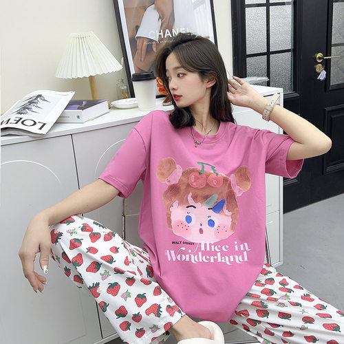 春季卡通女孩短袖长裤纯棉薄款学生睡衣套装圆领ins甜美女家居服