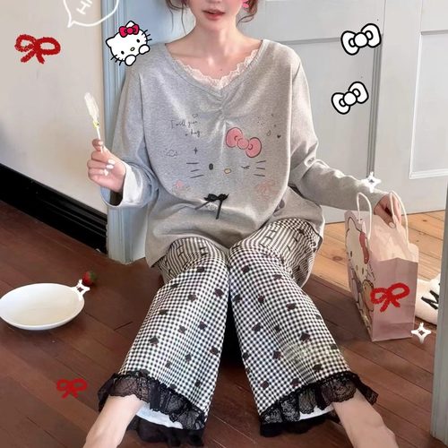 KITTY猫蕾丝花边V领纯棉长袖日系