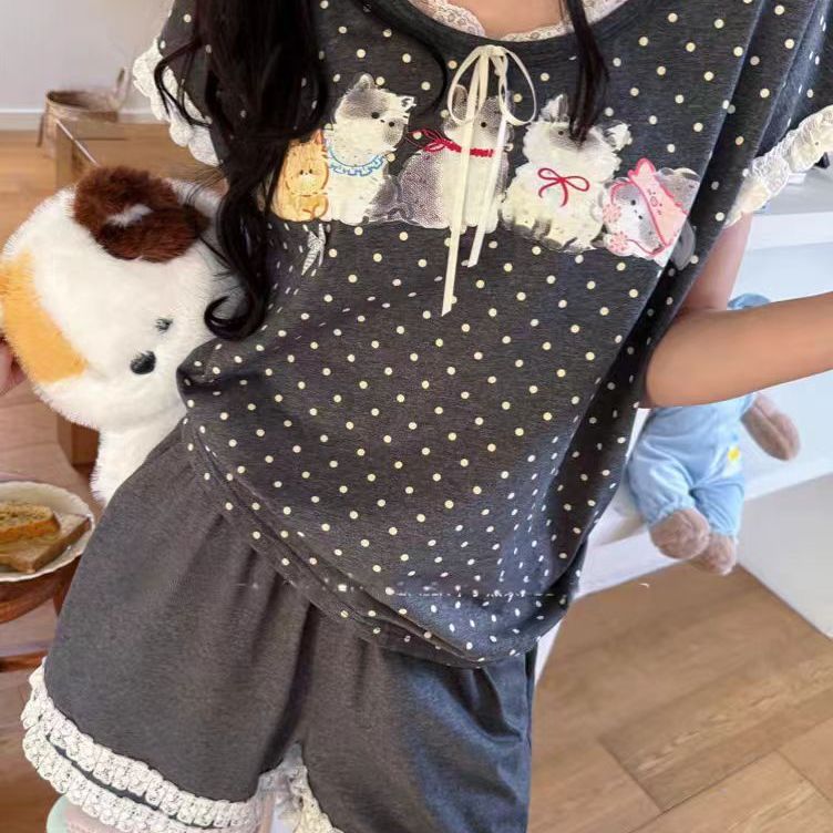 猫咪波点卡通花边蕾丝短袖短裤女士纯棉薄款夏季凉快日系家居服女