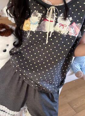 猫咪波点卡通花边蕾丝短袖短裤女士纯棉薄款夏季凉快日系家居服女