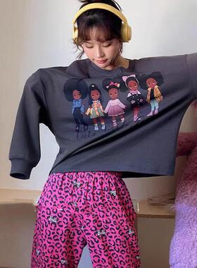 非洲聚会小女孩秋季纯棉薄款长袖长裤休闲卡通女士睡衣可外穿套装