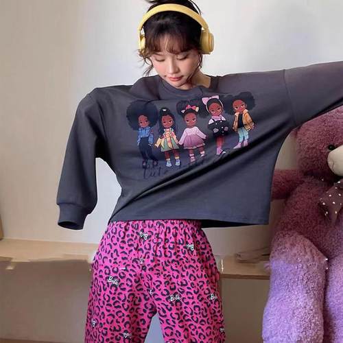 新款长袖大码纯棉豹纹春秋季睡衣