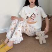木马小熊花边卡通可爱短袖 睡衣少女小清新家居服 纯棉薄款 春季 长裤