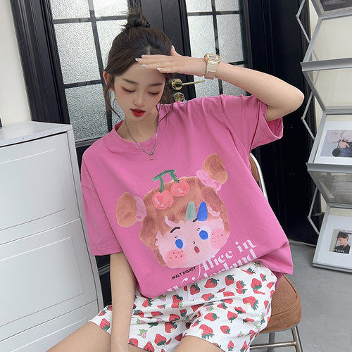 草莓网红夏季甜美卡通女孩睡衣女短袖短裤纯棉套装宽松圆领家居服