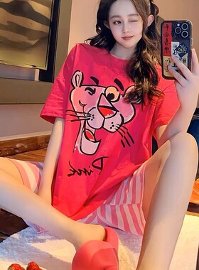 粉红豹卡通短袖五分短裤纯棉薄款夏季女套装ins睡衣家居服可外穿