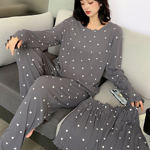 女螺纹棉打底睡衣三件套