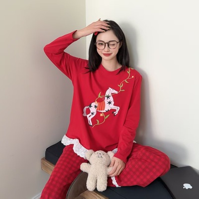 新年红色春季卡通格子花边薄款