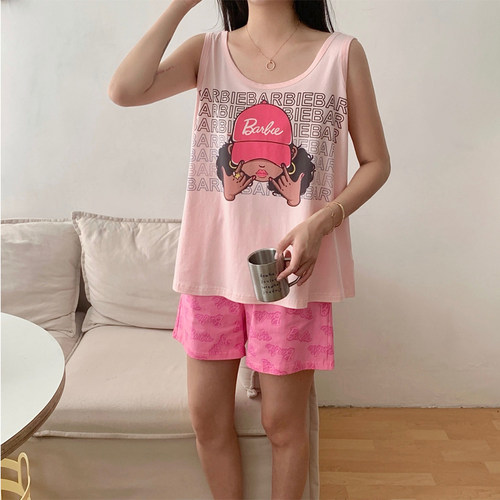 夏季纯棉拼色女士睡衣套装