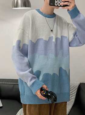 悟空有货ins原宿风拼色圆领毛衣男潮牌街头宽松情侣套头针织衫