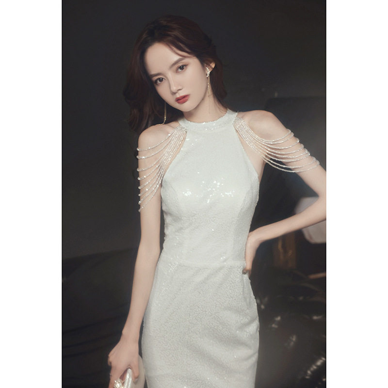 白色亮片晚礼服裙2026流苏鱼尾高端轻奢小众主持宴会年会晚宴高定