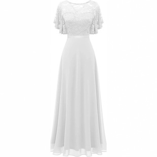 外贸款女式蕾丝伴娘雪纺正式舞会礼服晚礼服V 型后背婚礼宾客礼服