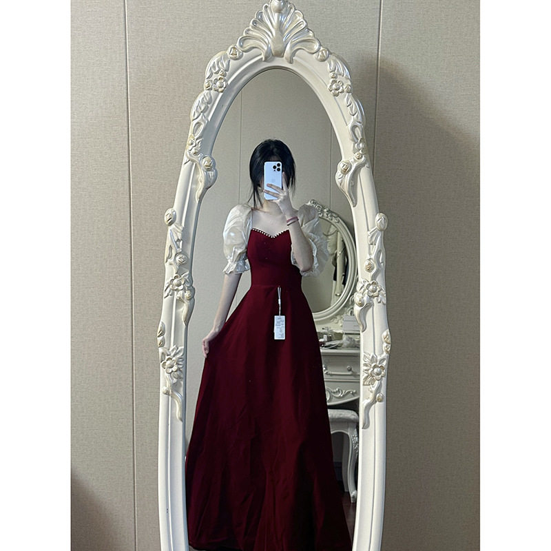 2026年春季新款小个子大码酒红色泡泡袖成人礼公主高级感晚礼服女