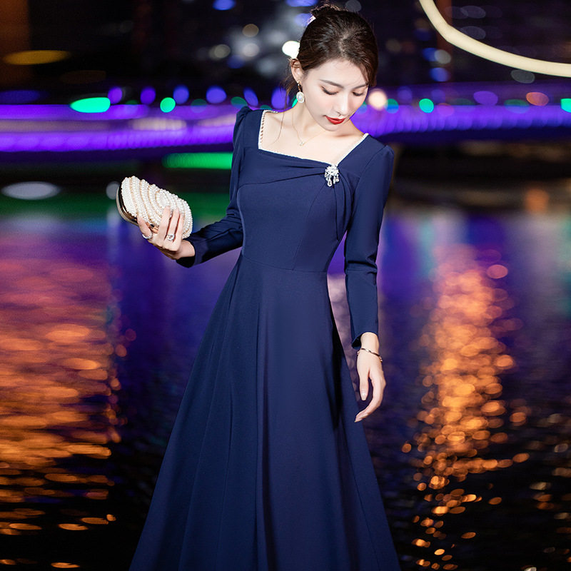 法式蓝色晚礼服宴会气质高端轻奢小众高级感年会成人礼主持人裙女