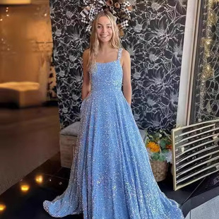 晚礼服闪亮亮片A字型舞会礼服长款细肩带派对礼服露背宽下摆礼服