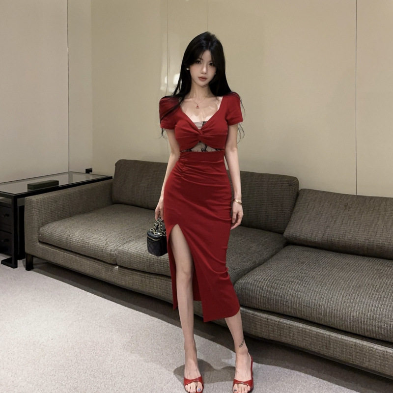 时尚夜店女装足浴足疗技师工作服性感低胸蕾丝拼接修身开叉连衣裙