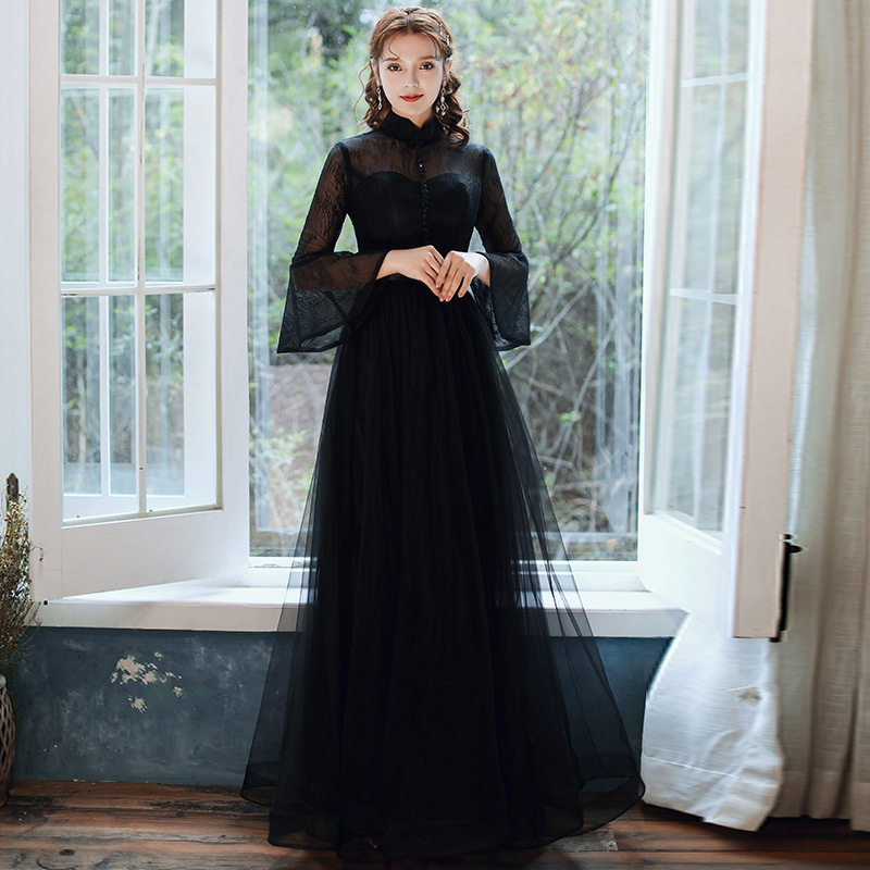 伴娘服女2026年新款冬季黑色长袖聚会主持人宴会长款气质礼服裙女