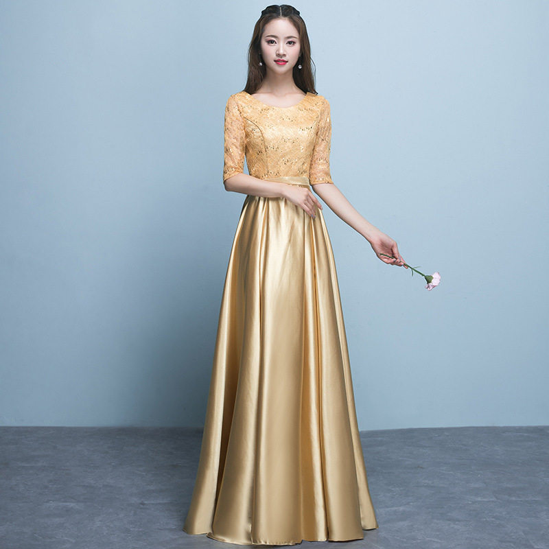 金色晚礼服2026新款长袖长款公司年会聚会主持人演出大合唱礼服女