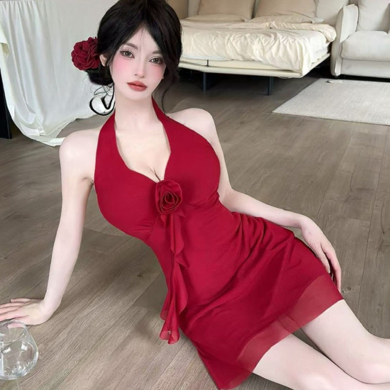 新款时尚夜店女装足浴技师工作服性感网纱挂脖短款吊带背心连衣裙