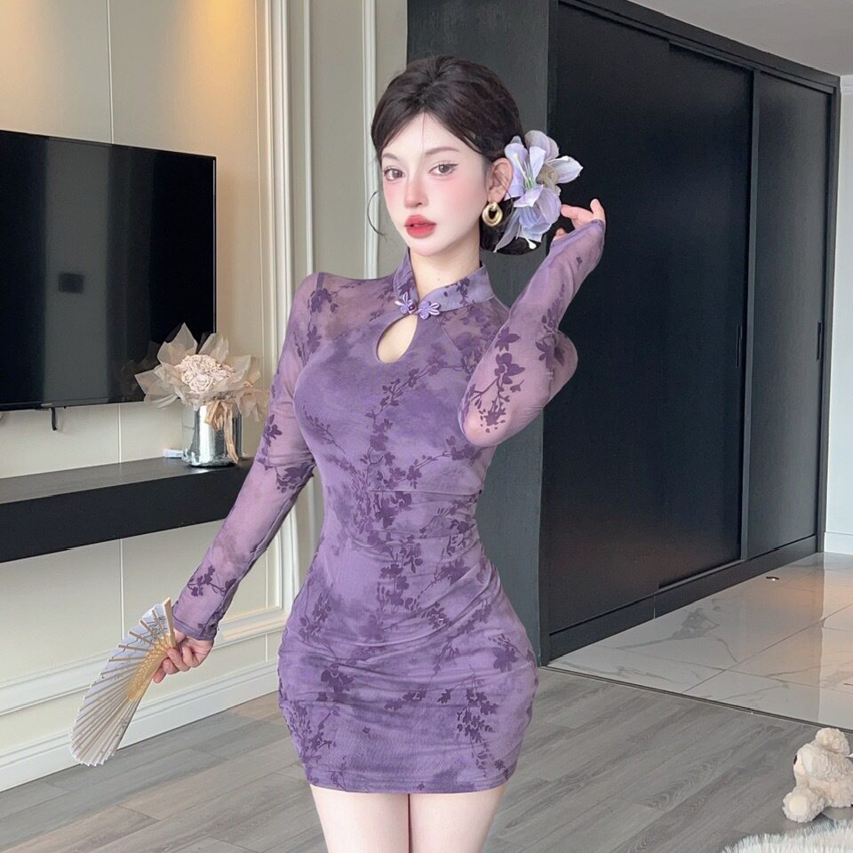 辣妹性感改良旗袍年轻款夜场风长袖连衣裙纯欲修身显身材包臀秋装