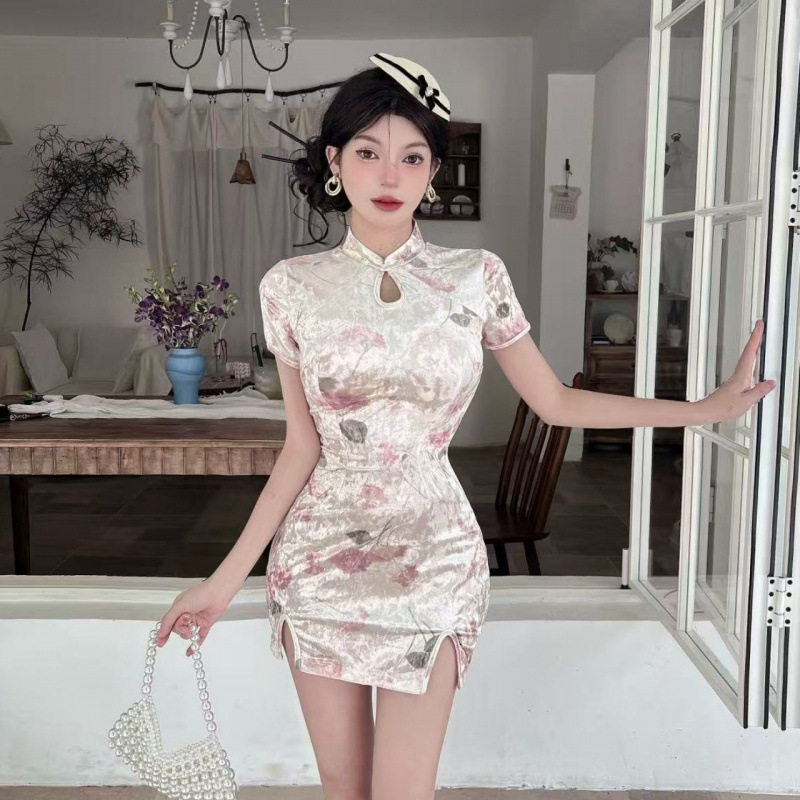 新中式时尚改良旗袍性感金丝绒印花短裙子夜场夜总会女技师连衣裙