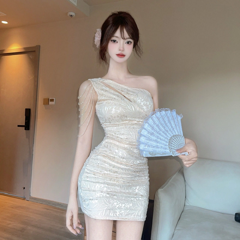 2026新款现货纯欲性感斜肩包臀裙新款蕾丝镂空紧身连衣裙夜店裙子