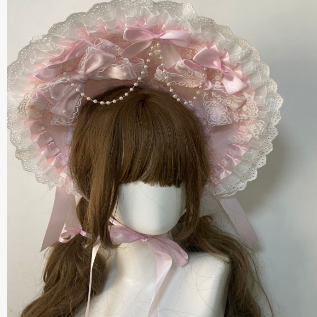 原创手作Lolita奈特BNT甜美发饰蕾丝重工蝴蝶结发带田园风浅粉色