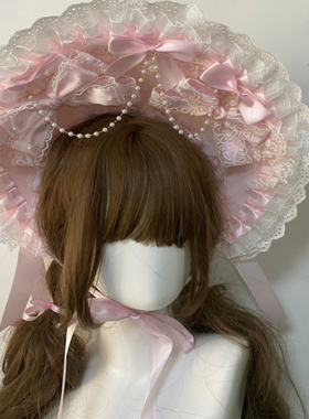 原创手作Lolita奈特BNT甜美发饰蕾丝重工蝴蝶结发带田园风浅粉色