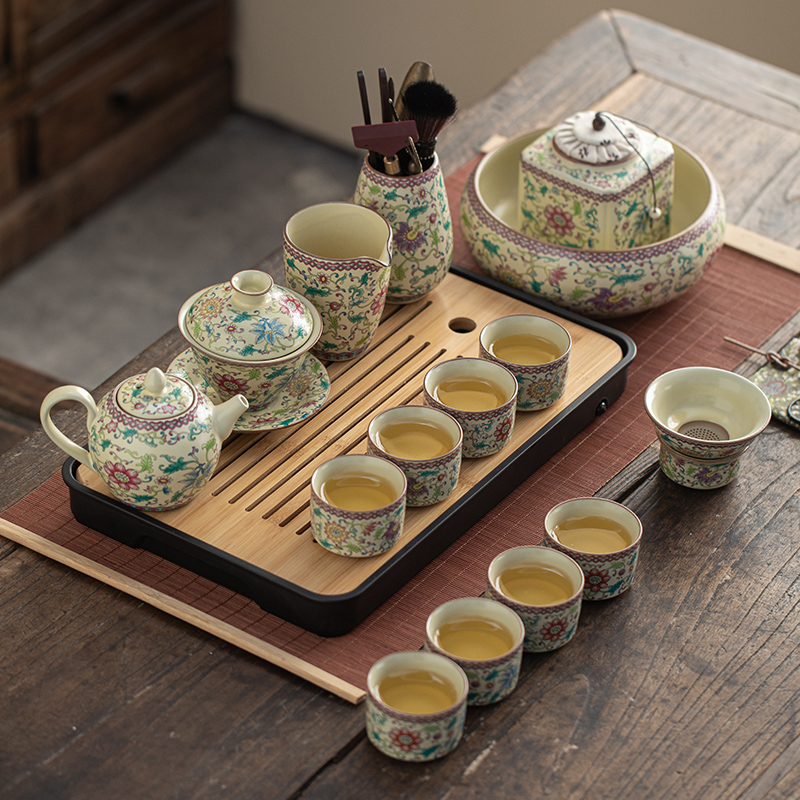 米黄满花汝窑功夫茶具套装家用办公轻奢高档茶壶茶杯盖碗礼盒订制