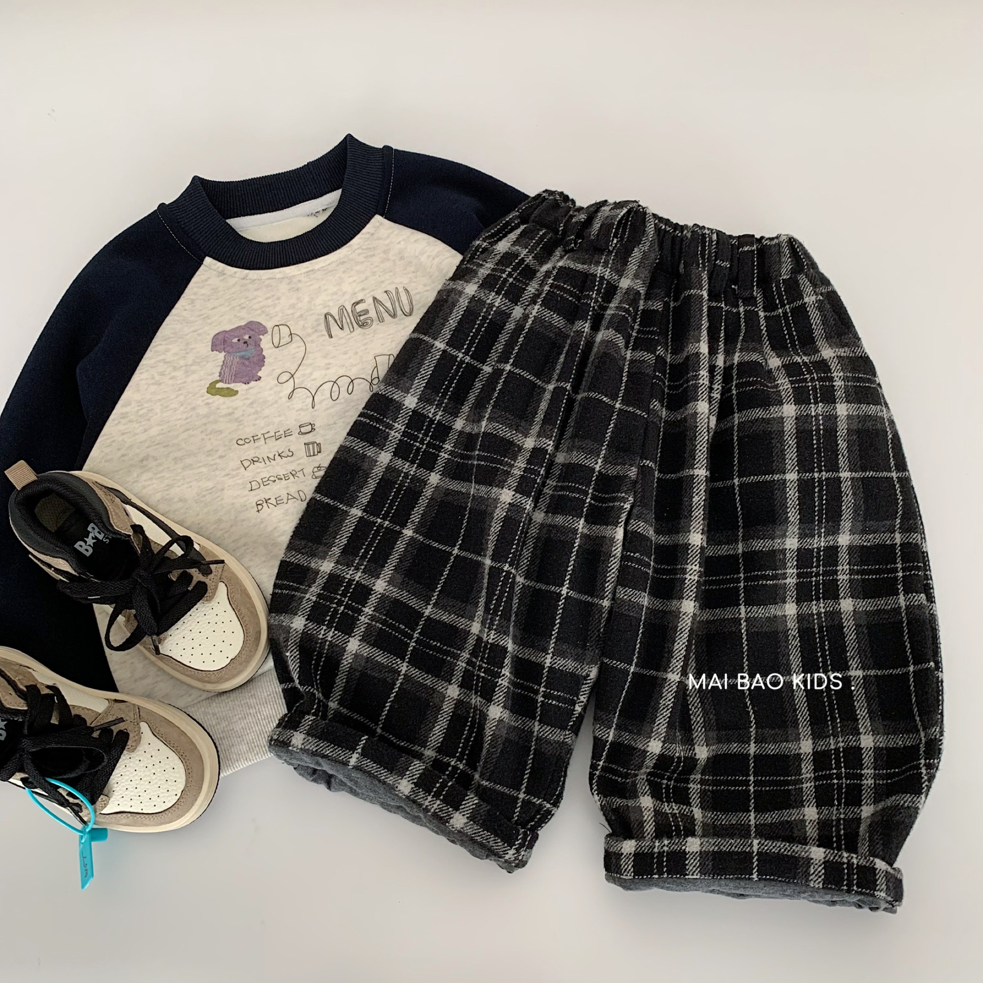 麦宝儿童加绒休闲裤2025冬季新款男女童宽松格子长裤男孩裤子