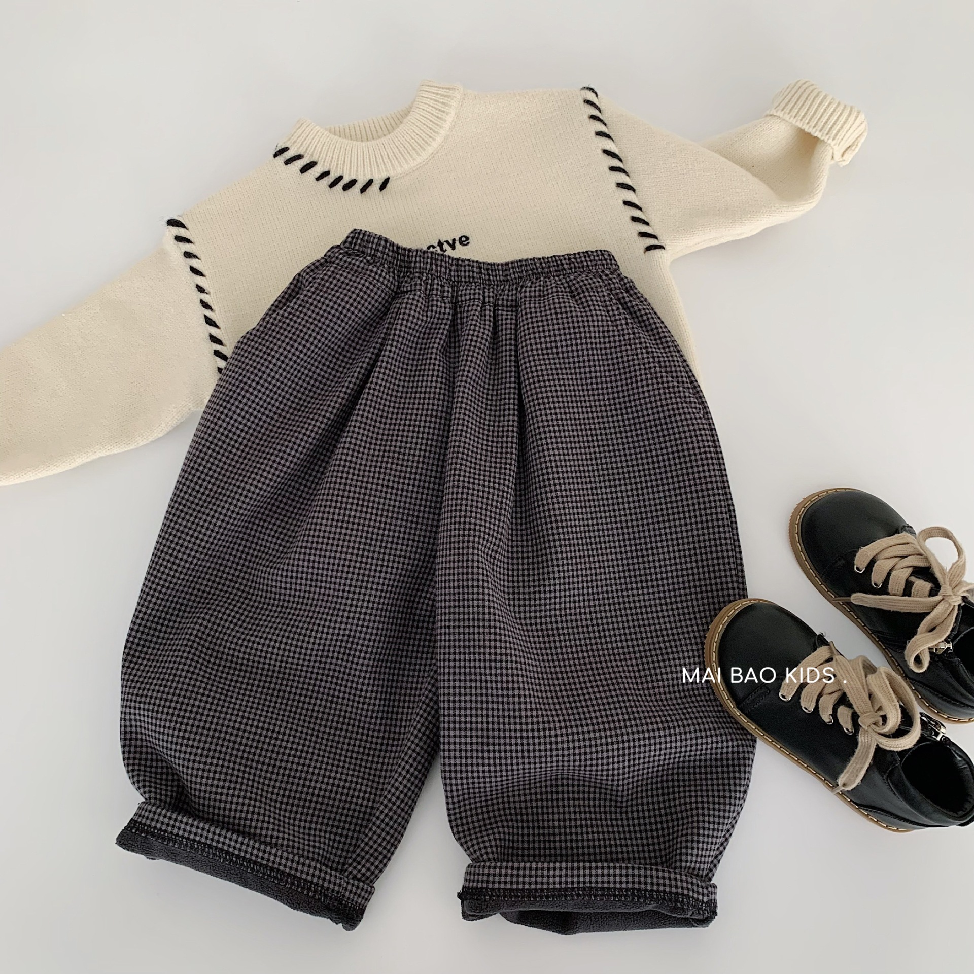 麦宝儿童加绒休闲裤2025冬季新款男女童洋气格子长裤宝宝宽松裤子