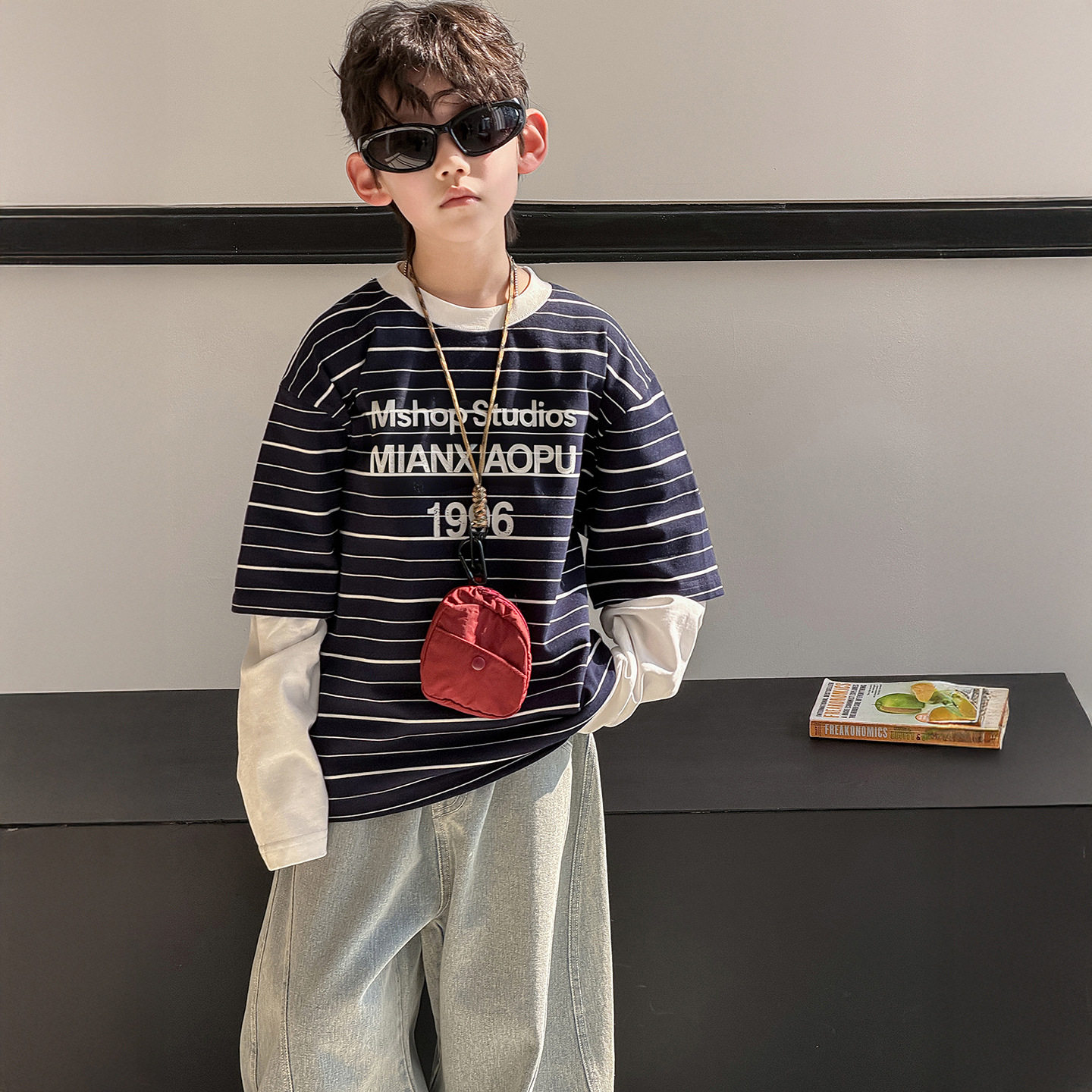 棉小铺男童卫衣儿童春季韩版2026新款条纹长袖假两件运动童装上衣