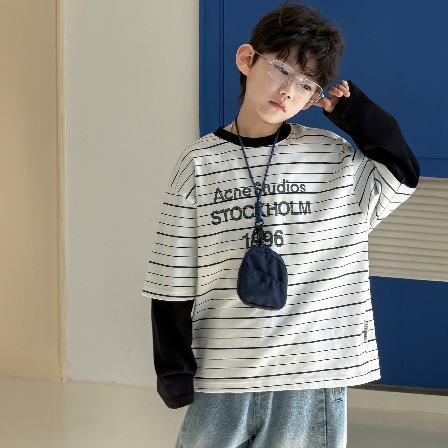 棉小铺男童卫衣儿童春季韩版2026新款条纹圆领宽松假两件童装上衣