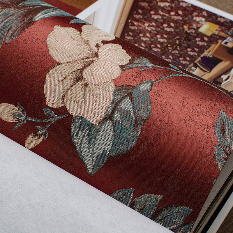 高端精密厚重无缝墙布美式新中式田园大花暗红色别墅豪宅背景墙纸