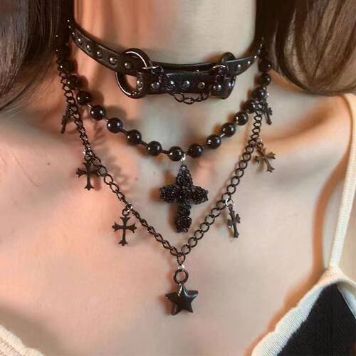 Beaded Cross Pendant Collarbone Necklace Dark Gothic Jewelry