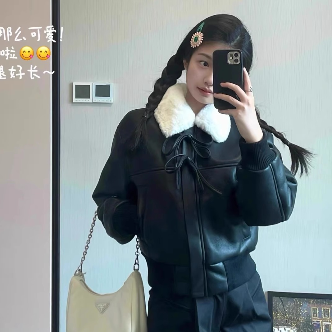 美式复古加厚皮毛一体皮衣外套女