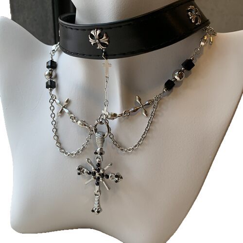 Beaded Cross Pendant Collarbone Necklace Dark Gothic Jewelry