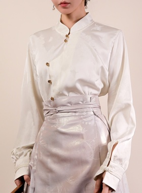 2025秋季新款新中式国风衬衣修身上衣马面裙缎面打底衬衫立领女