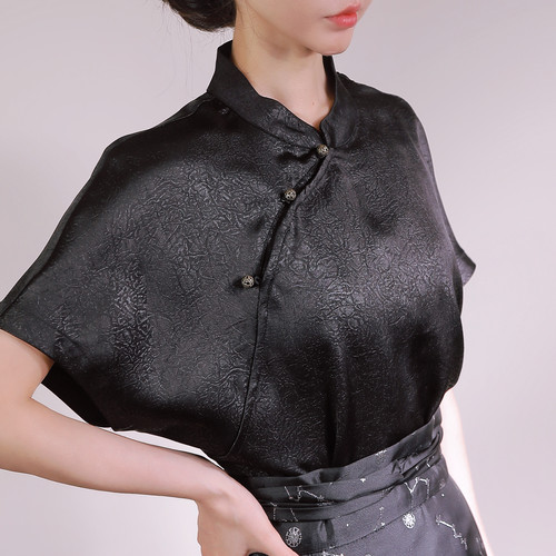 新中式国风复古黑色短袖衬衫宽松