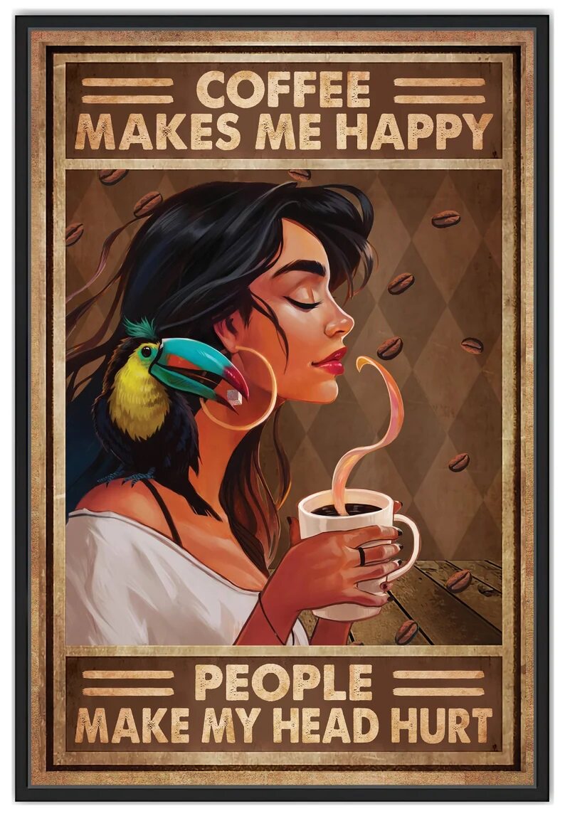 装饰画有框挂画墙壁画复古怀旧英文海报女孩喝咖啡宠物猫咪狗狗