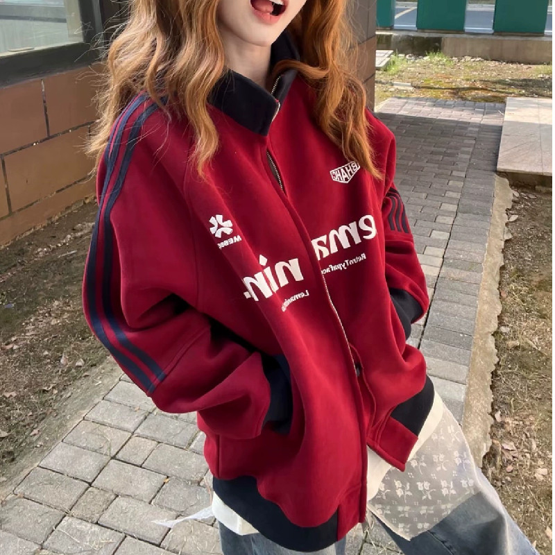 美式高街三条杠立领卫衣女2025新款春秋款宽松慵懒风开衫外套潮牌